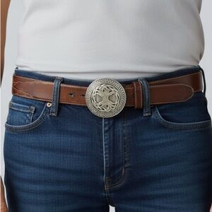 Vintage 1990 Celtic Tree of Life Metal Buckle Brown Leather Belt